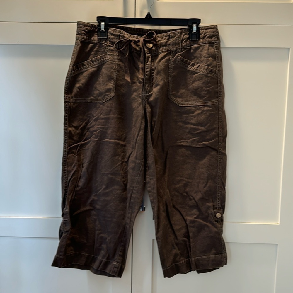 Nine West Jeans Brown Linen Blend Drawstring w/ Rolled Legs Capri 12